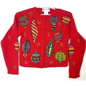 Vintage Knitting Needles Ugly Christmas Sweater Beaded Embroidered